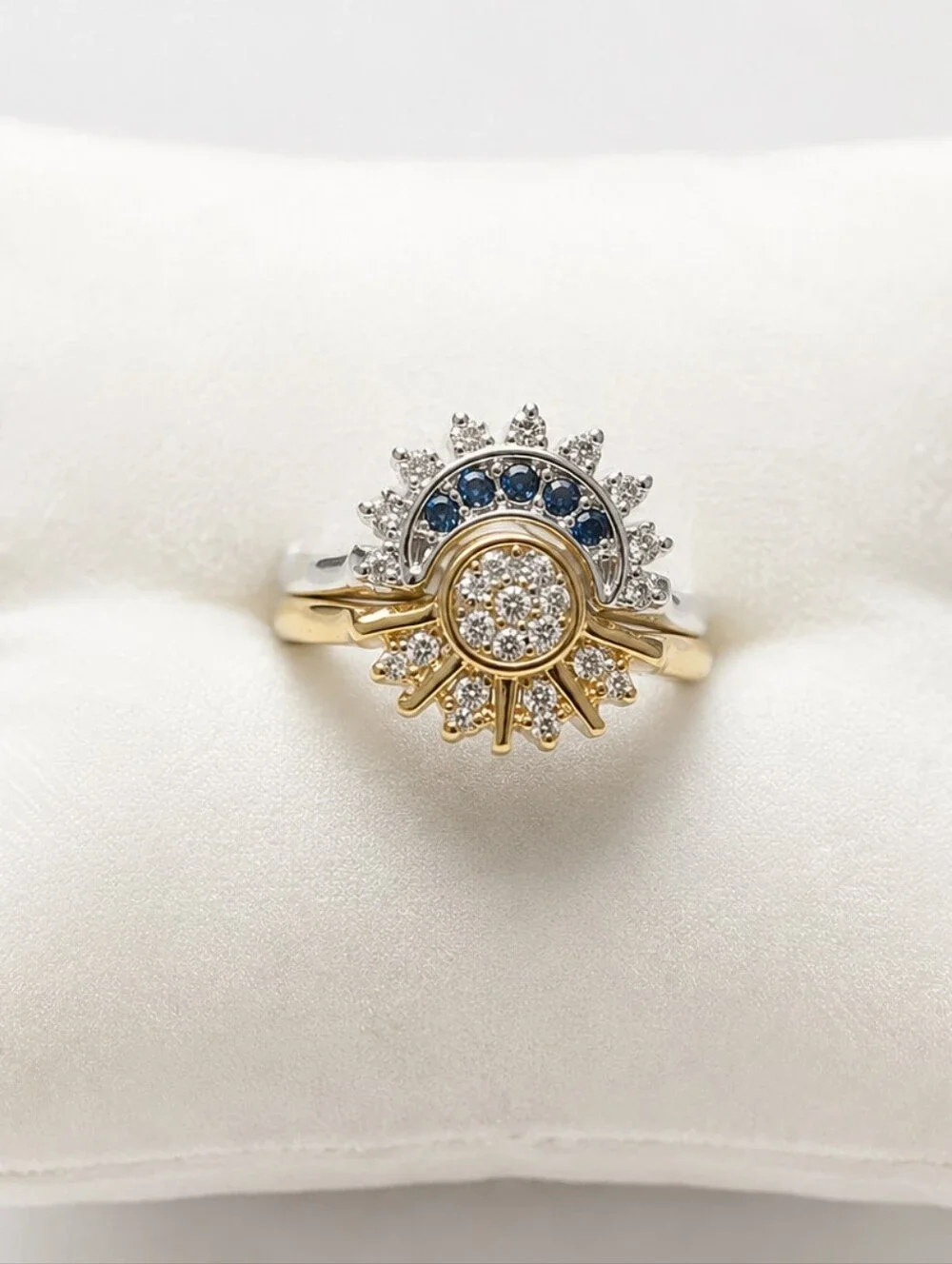 Sterling Silver Celestial Sun & Moon Ring | Blue & Clear CZ | Two-Tone Statement